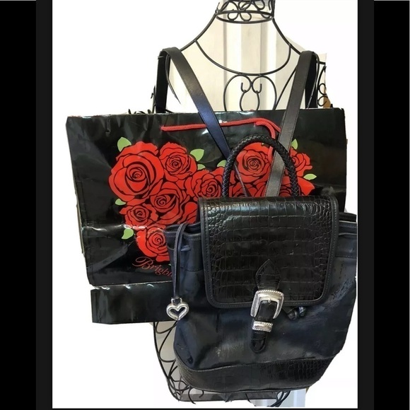 Authentic Vintage Brighton Leather Crocodile Black BackPack Heart Charm Silver - Picture 1 of 15